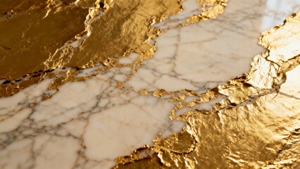 Close-up of white marble with gold leaf accents, showcasing intricate veining and metallic texture