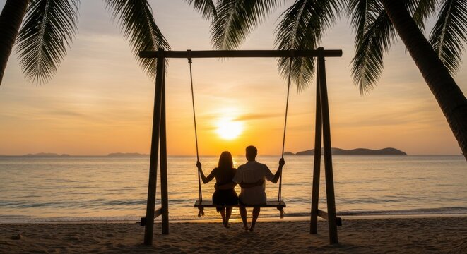 Couple watching romantic sunset on beach swing between palm trees at dusk - Powered by Adobe