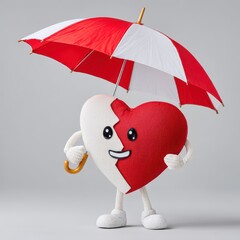 Beaded Heart Character Standing Under Red and White Umbrella on Neutral Background