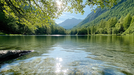 Lake reflection mountain forest sunlight clear water tranquil alpine trees shore ripples