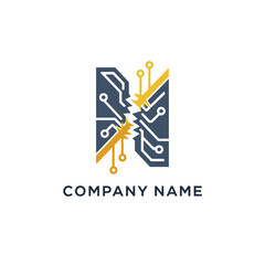 Modern Tech Logo Design Featuring Circuit Board and Lightning Bolt.