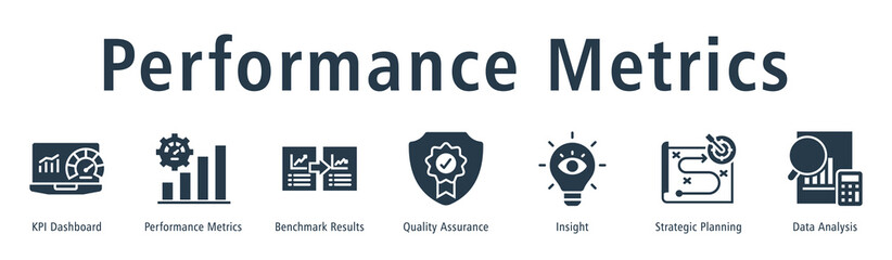Performance metrics web banner icon vector illustration concept with icon of KPI dashboard, performance metrics, benchmark results, quality assurance, insight, strategic planning, and data analysis.