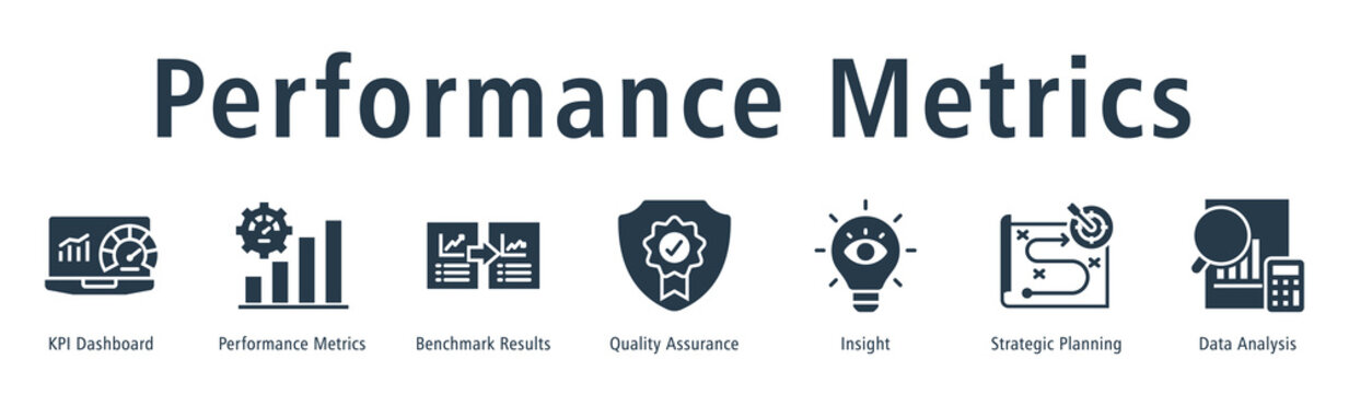 Performance metrics web banner icon vector illustration concept with icon of KPI dashboard, performance metrics, benchmark results, quality assurance, insight, strategic planning, and data analysis.