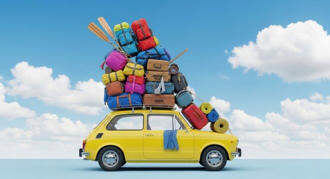 Colorful luggage overloaded on small yellow car under blue sky with clouds