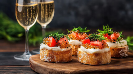 Gourmet caviar crostini with cream cheese, tomato and dill served with bubbly champagne