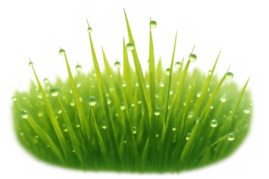Green grass blades with water drops and morning dew, representing growth, purity and nature, with a transparent background