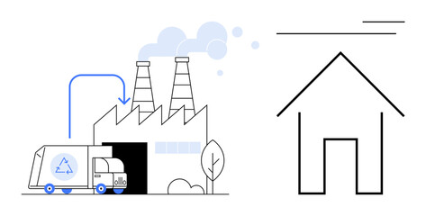 Recycling truck unloading at industrial factory with chimneys emitting smoke minimalist home outline nearby. Ideal for sustainability, waste processing, eco-friendly practices, pollution, recycling