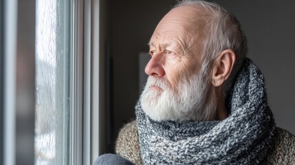 Older man wrapped in warm scarf looking out frosty window. Calm winter mood and reflective expression. Senior lifestyle and solitude concept