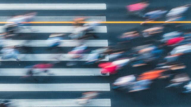 A vibrant scene shows many people crossing a street at a pedestrian crosswalk. The individuals are in motion, creating a dynamic atmosphere in the bustling city during daytime hours.