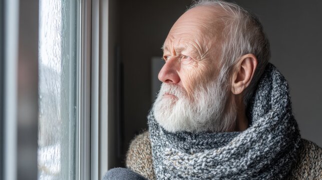 Older man wrapped in warm scarf looking out frosty window. Calm winter mood and reflective expression. Senior lifestyle and solitude concept