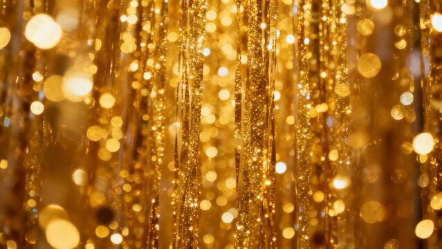 Golden glittering tinsel with bokeh lights creating a festive and shiny background