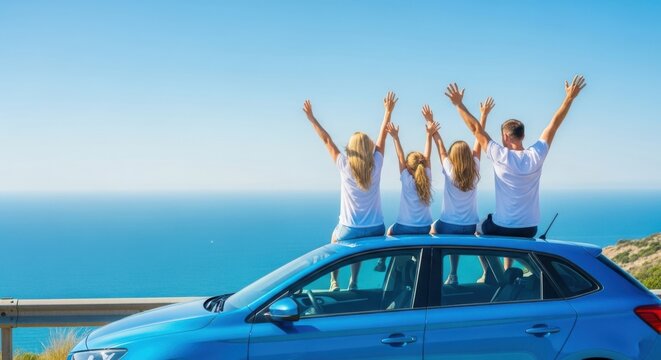 Joyful group of friends standing on car roof with arms raised by the ocean - Powered by Adobe