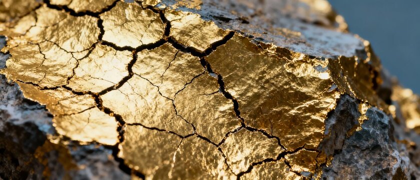 Close-up of cracked golden surface on a rocky texture