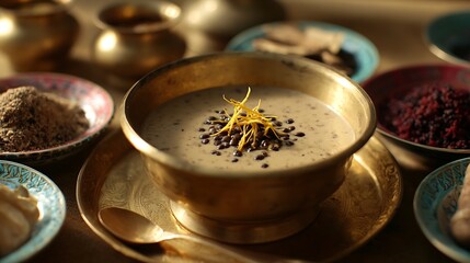 A Richly Garnished Bowl of Creamy Soup with Exotic Spices.