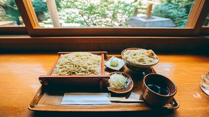 Traditional Soba Noodles Served with Dipping Sauce and Accompaniments