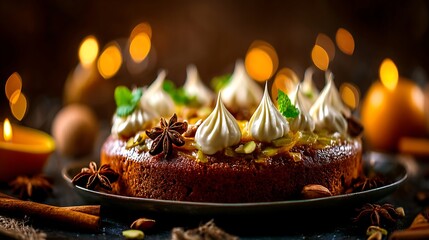 Delicious Cake With Cream And Spices, Festive Lights Background
