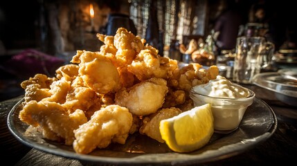Crispy Fried Seafood Platter with Lemon and Dip