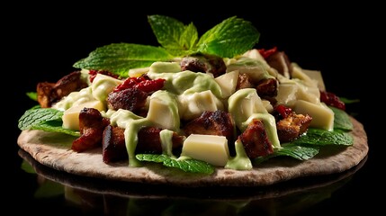 Delicious Fresh Food Platter with Drizzled Sauce and Mint Leaves