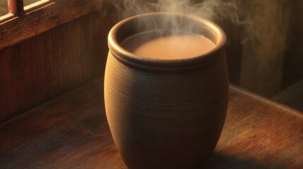 Warm Steam Rises From A Rustic Clay Pot Of Hot Beverage