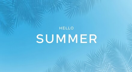Vibrant hello summer greeting with tropical leaf background in blue
