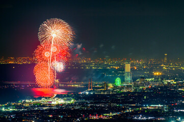 和泉山地からの大阪の夜景と花火大会