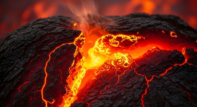 Close-up of a volcanic eruption with molten lava flowing and smoke rising.
