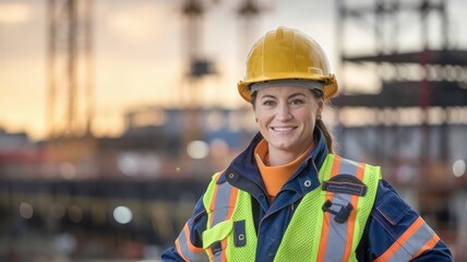 A female worker wearing a hard hat and reflective safety gear stands proudly on a construction site.