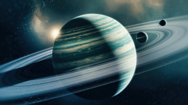 A vibrant gas giant is surrounded by intricate rings and several moons in a dark cosmic backdrop. Starry elements enhance the grandeur of this celestial landscape, creating a sense of wonder. - Powered by Adobe