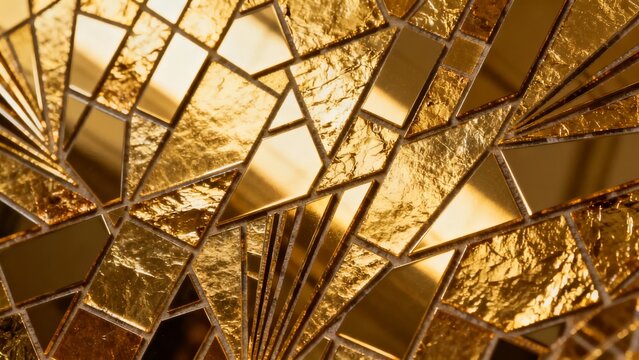 Golden geometric mosaic pattern with reflective metallic tiles
