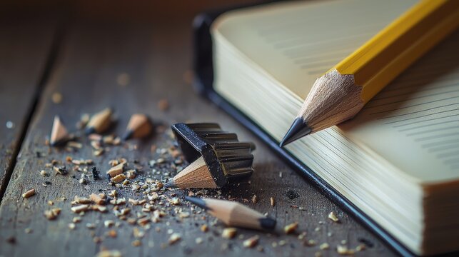 Close-up of yellow pencil, sharpener, and notebook on wooden table