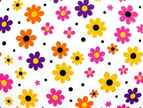 Vibrant retro daisy pattern with black polka dots on white background