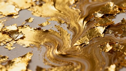 Golden leaf fragments swirling in a liquid medium, creating an abstract pattern with reflective surfaces and fluid motion.