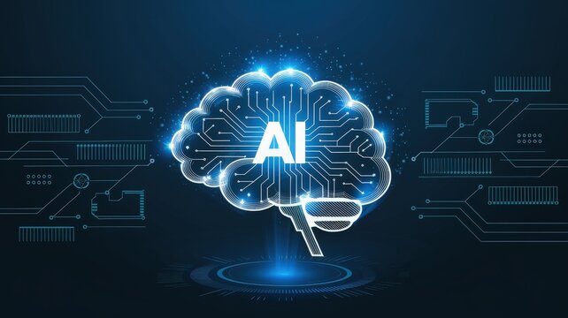 A glowing digital brain is depicted at the center, representing artificial intelligence.