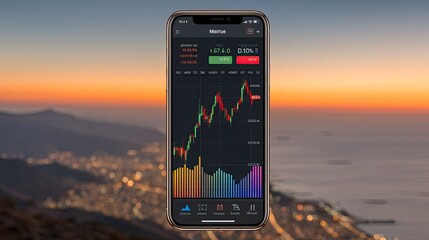 Stock Market Trend Analysis on Mobile Device at Sunset Over City