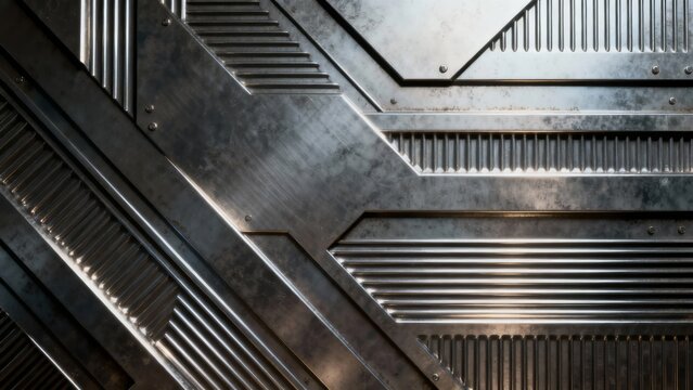Close-up of metallic industrial panel with geometric ridged patterns and angular design
