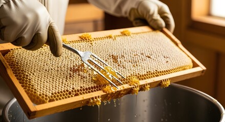 A person using a fork to harvest honey from a honeycomb frame over a container.
