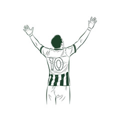 Line drawing of a soccer player with number 10 on jersey, arms raised in celebration.