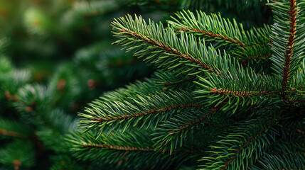 Close-up of lush green pine branches for natural Christmas and winter backgrounds with copy space