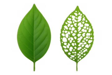Comparing fresh green leaf with skeleton leaf structure showing nature's life cycle and decomposition process