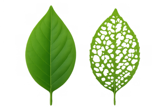 Comparing fresh green leaf with skeleton leaf structure showing nature's life cycle and decomposition process