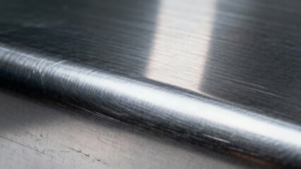 Close-up of a brushed metal surface with reflective highlights and curved edge