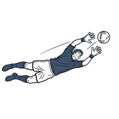 A soccer goalkeeper in a blue jersey and white shorts dives horizontally to block a football with both hands.