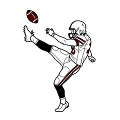 Black and white line art illustration of an American football player in uniform punting the ball.