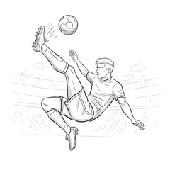 A dynamic black and white sketch of a soccer player performing a bicycle kick in a stadium.
