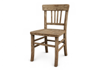Old wooden chair from vintage furniture, rustic traditional seat with weathered wood finish, transparent background