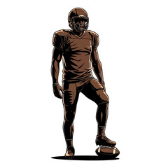 American football player in full uniform standing with one foot on a football, stylized illustration.
