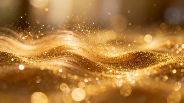 Golden glitter waves with sparkling bokeh lights in a flowing, abstract pattern