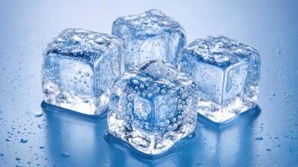 Four clear ice cubes with bubbles are placed on a smooth light blue surface. Water droplets add a refreshing touch, emphasizing the coldness and transparency of the ice.