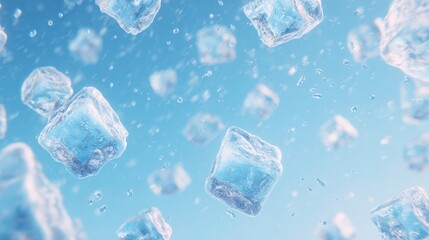 Clear ice cubes float freely in sparkling water, creating a refreshing cool atmosphere. The scene captures a bright and cheerful essence, evoking feelings of relaxation and hydration.