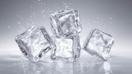 Four clear ice cubes are tumbling into water, creating splashes. The background is gray, highlighting the clarity of the ice and the movement of the water.